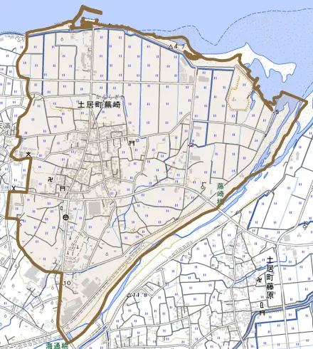 土居町蕪崎とその周辺の地図。町の範囲を重ねている