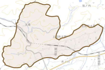 土居町北野とその周辺の地図。町の範囲を重ねている
