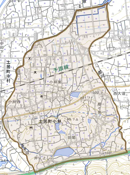 土居町小林とその周辺の地図。町の範囲を重ねている