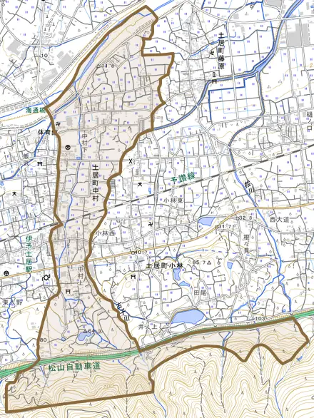 土居町中村とその周辺の地図。町の範囲を重ねている