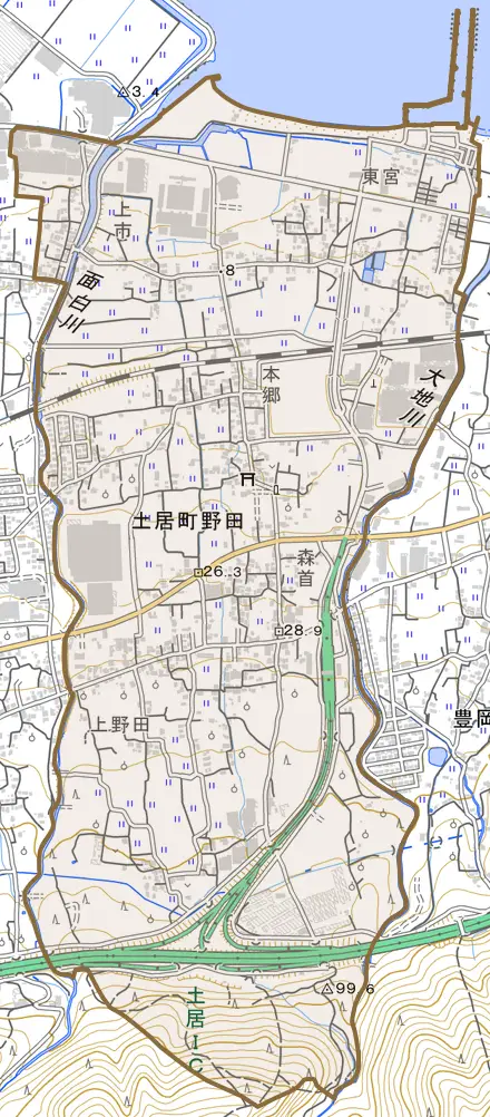 土居町野田とその周辺の地図。町の範囲を重ねている
