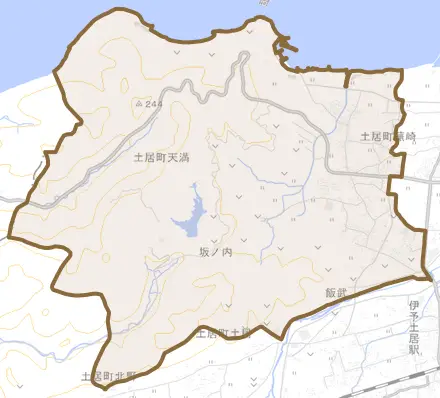 土居町天満とその周辺の地図。町の範囲を重ねている
