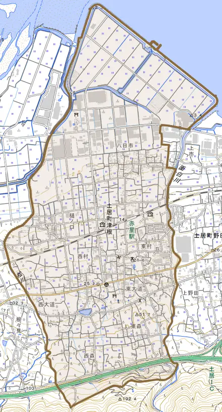 土居町津根とその周辺の地図。町の範囲を重ねている