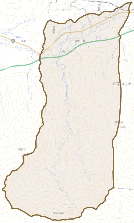 土居町上野とその周辺の地図。町の範囲を重ねている