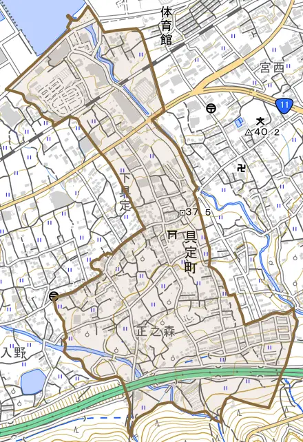 具定町とその周辺の地図。町の範囲を重ねている