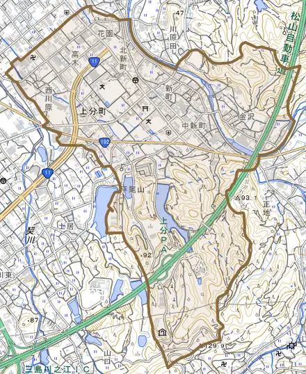上分町とその周辺の地図。町の範囲を重ねている