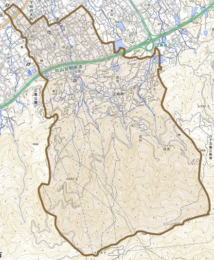 上柏町とその周辺の地図。町の範囲を重ねている