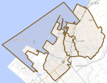 川之江町とその周辺の地図。町の範囲を重ねている