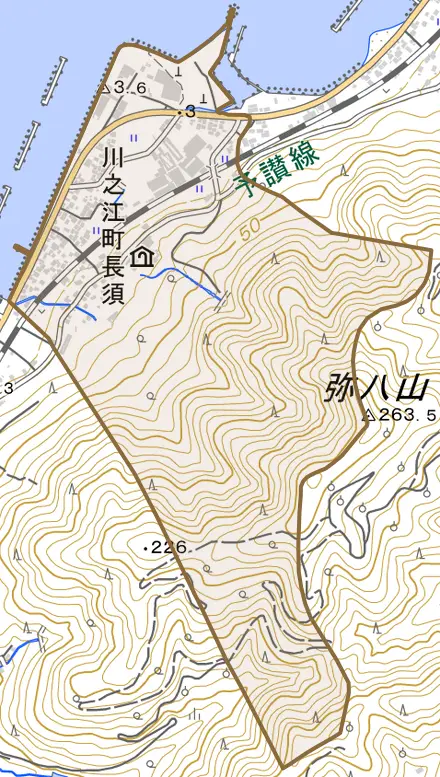 川之江町長須とその周辺の地図。町の範囲を重ねている