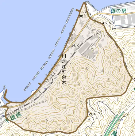 川之江町余木とその周辺の地図。町の範囲を重ねている