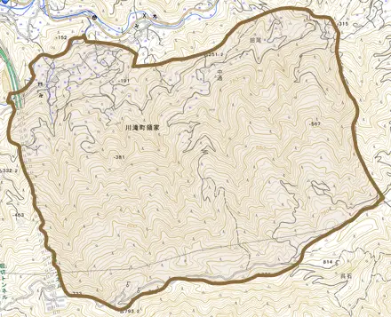 川滝町領家とその周辺の地図。町の範囲を重ねている