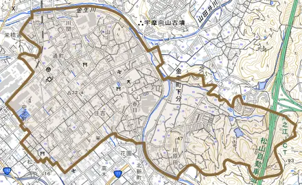 金生町下分とその周辺の地図。町の範囲を重ねている