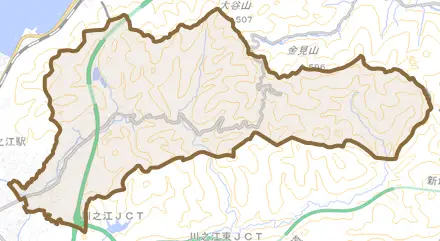 金生町山田井とその周辺の地図。町の範囲を重ねている