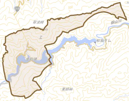 金砂町平野山とその周辺の地図。町の範囲を重ねている