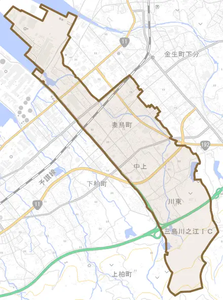 妻鳥町とその周辺の地図。町の範囲を重ねている