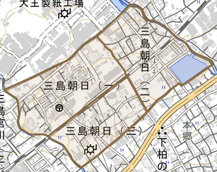 三島朝日とその周辺の地図。町の範囲を重ねている