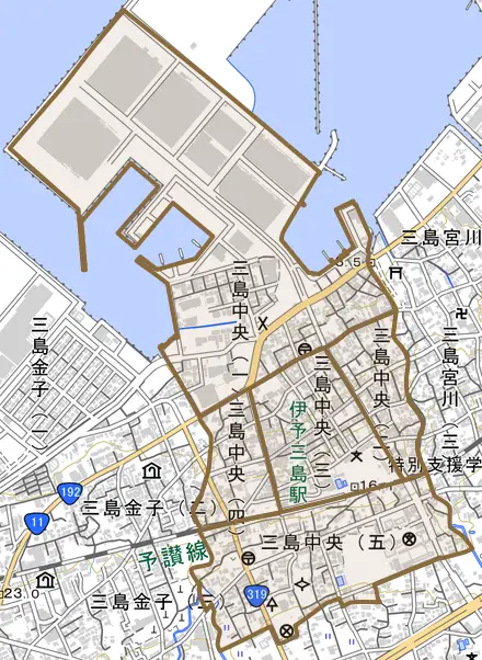 三島中央とその周辺の地図。町の範囲を重ねている