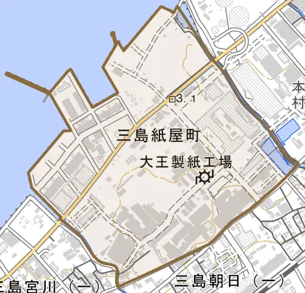 三島紙屋町とその周辺の地図。町の範囲を重ねている