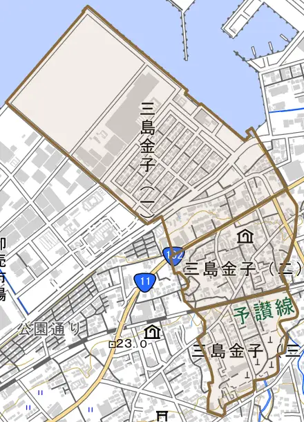 三島金子とその周辺の地図。町の範囲を重ねている