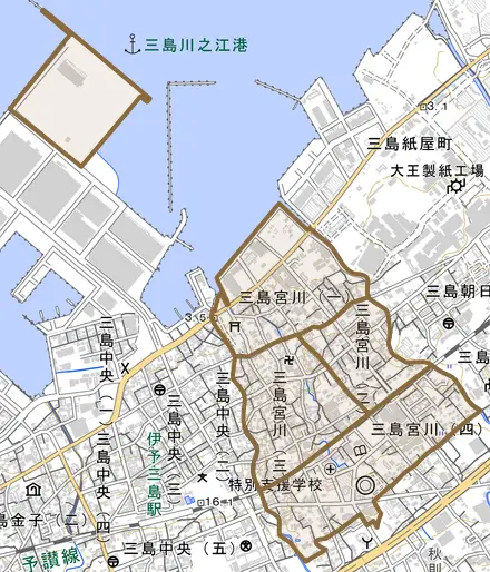 三島宮川とその周辺の地図。町の範囲を重ねている
