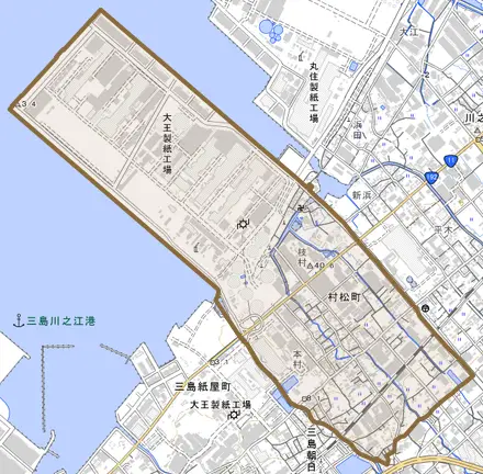 村松町とその周辺の地図。町の範囲を重ねている