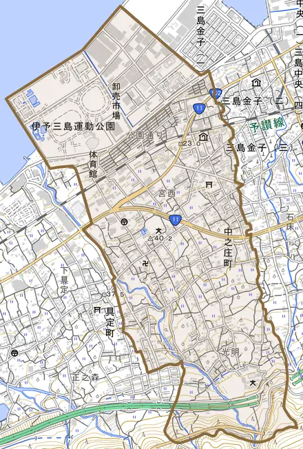 中之庄町とその周辺の地図。町の範囲を重ねている