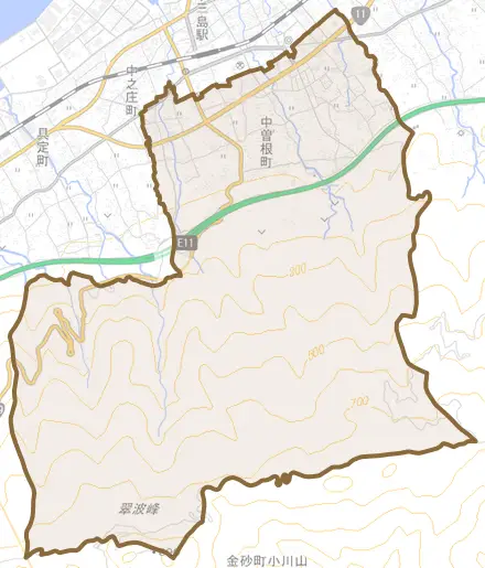 中曽根町とその周辺の地図。町の範囲を重ねている