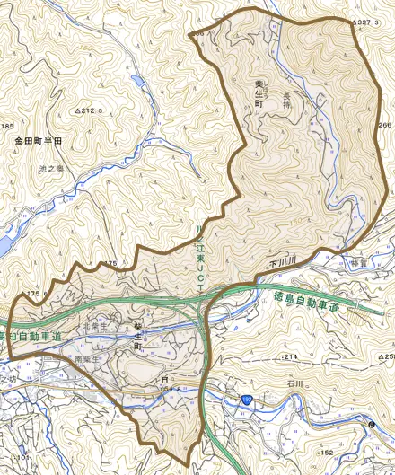 柴生町とその周辺の地図。町の範囲を重ねている