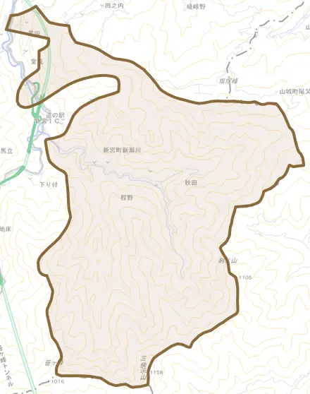 新宮町新瀬川とその周辺の地図。町の範囲を重ねている