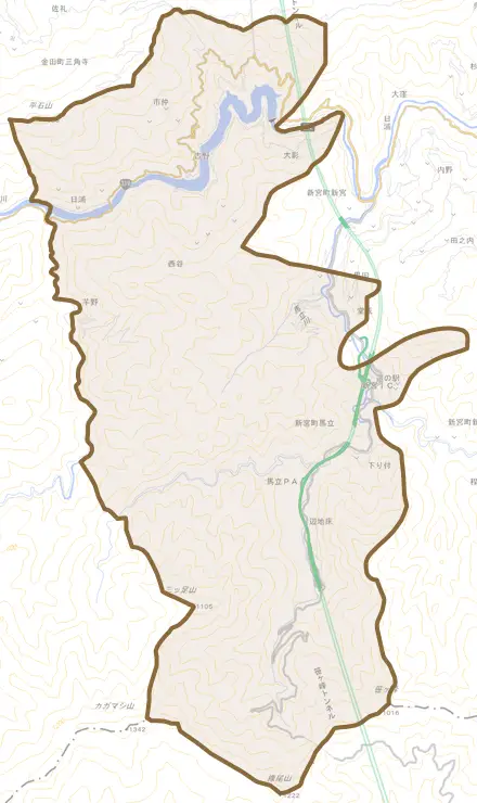 新宮町馬立とその周辺の地図。町の範囲を重ねている