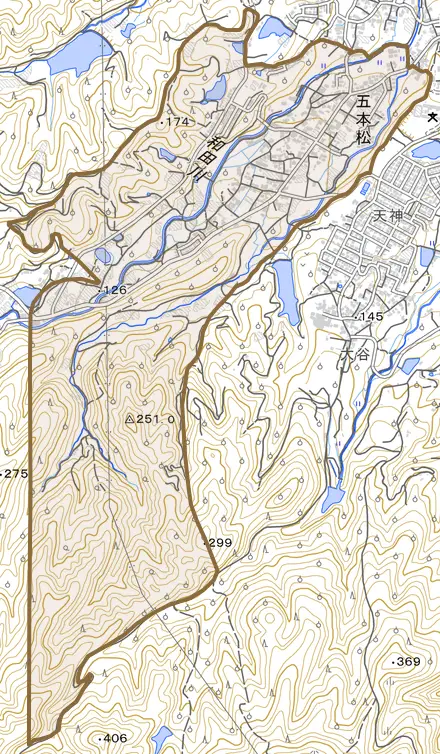 五本松とその周辺の地図。町の範囲を重ねている