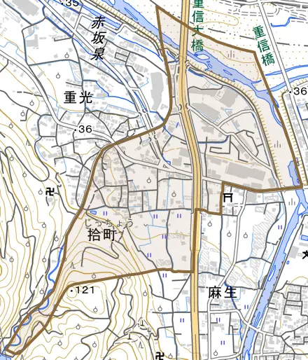 拾町とその周辺の地図。町の範囲を重ねている