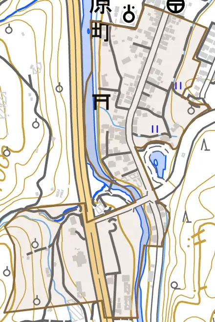 上原町とその周辺の地図。町の範囲を重ねている