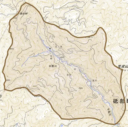 中野川とその周辺の地図。町の範囲を重ねている