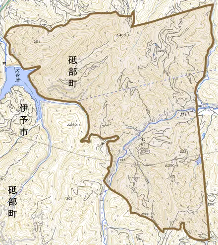 七折とその周辺の地図。町の範囲を重ねている