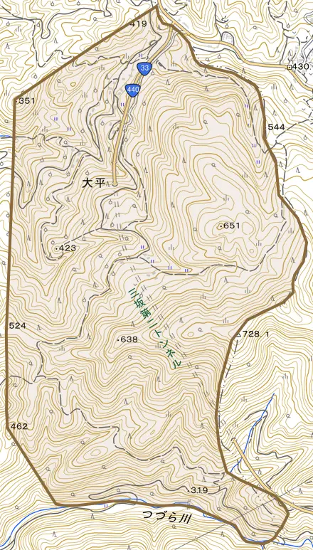 大平とその周辺の地図。町の範囲を重ねている
