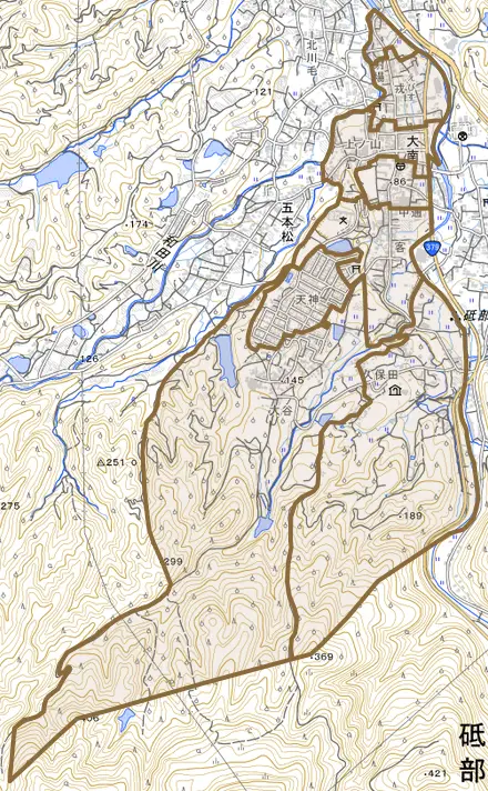 大南とその周辺の地図。町の範囲を重ねている