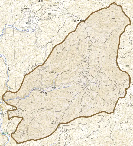 仙波とその周辺の地図。町の範囲を重ねている