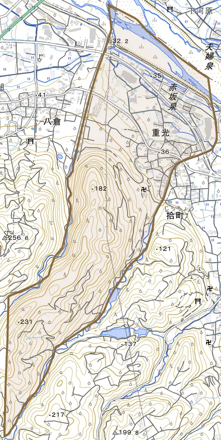 重光とその周辺の地図。町の範囲を重ねている