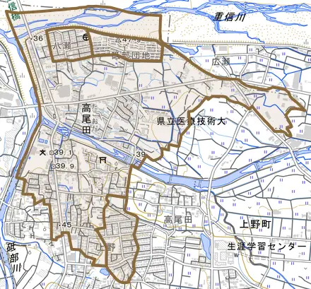 高尾田とその周辺の地図。町の範囲を重ねている