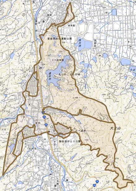 宮内とその周辺の地図。町の範囲を重ねている