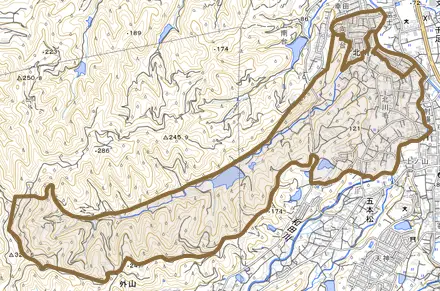 北川毛とその周辺の地図。町の範囲を重ねている