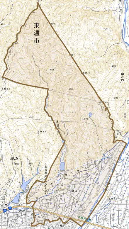 樋口とその周辺の地図。町の範囲を重ねている