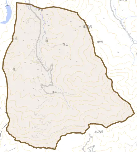 上林とその周辺の地図。町の範囲を重ねている