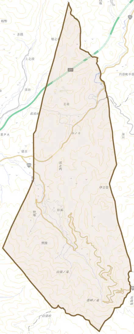 河之内とその周辺の地図。町の範囲を重ねている