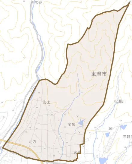 北方とその周辺の地図。町の範囲を重ねている