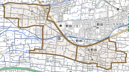 北野田とその周辺の地図。町の範囲を重ねている