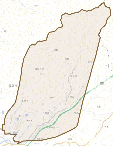 松瀬川とその周辺の地図。町の範囲を重ねている