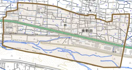 南野田とその周辺の地図。町の範囲を重ねている