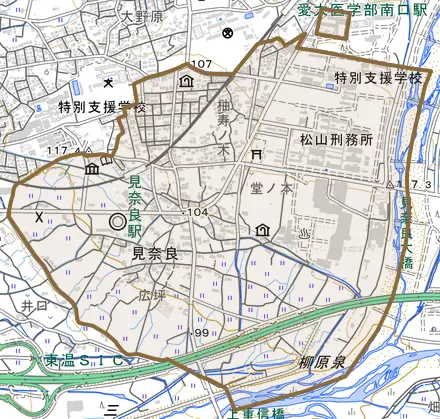 見奈良とその周辺の地図。町の範囲を重ねている